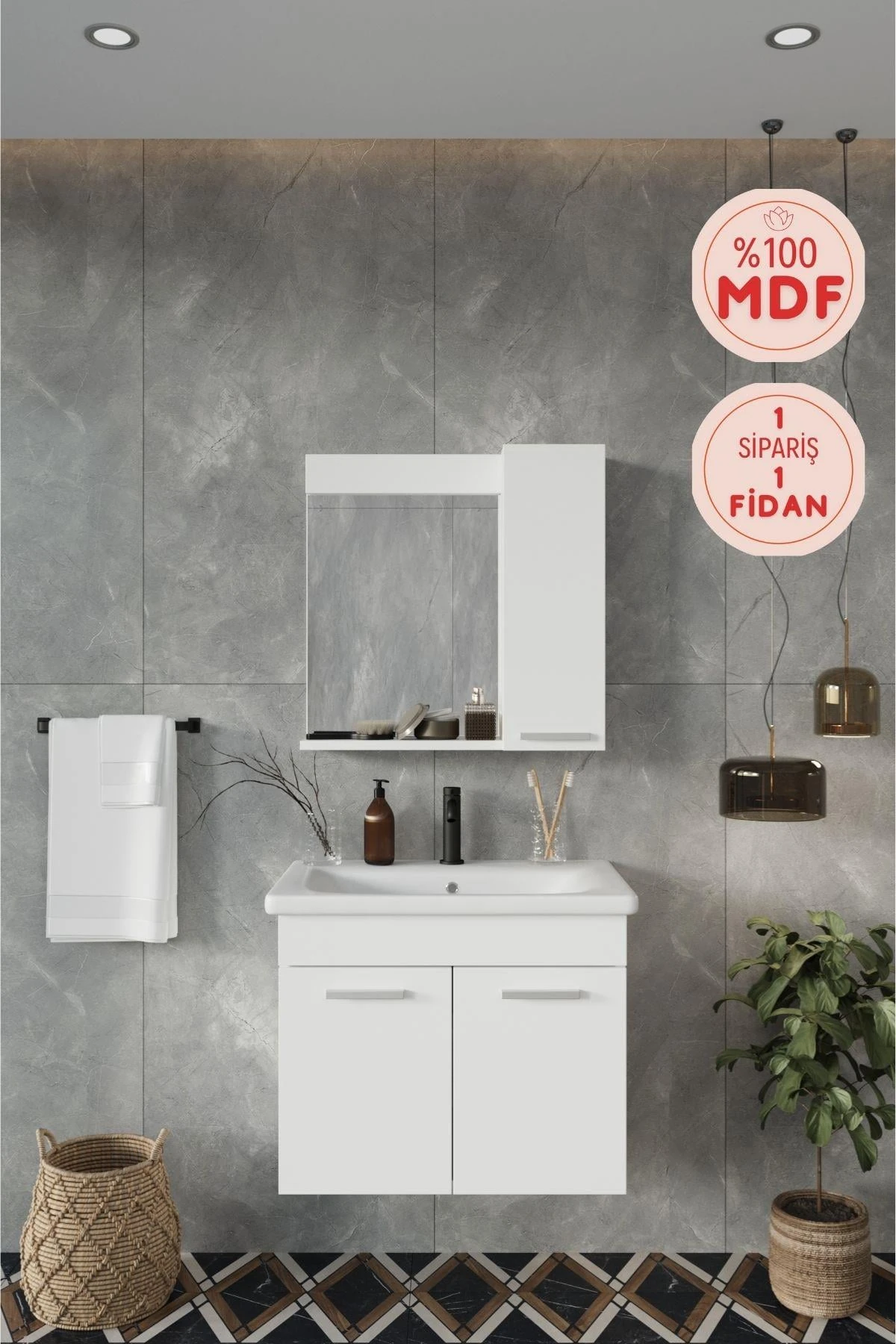 Defne 02 Banyo Dolabı, Aynalı Üst Dolap ve Lavabo