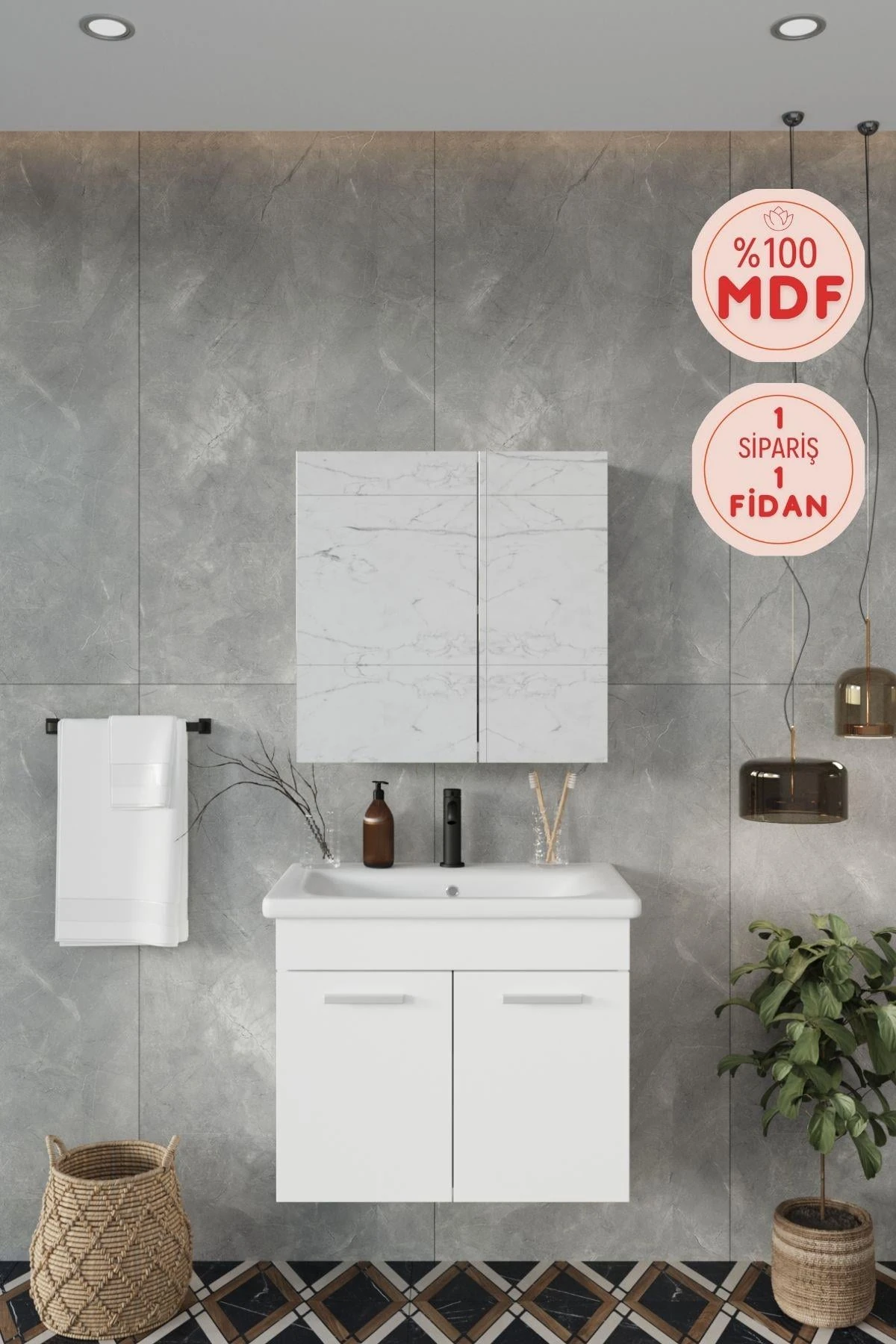 Defne Banyo Dolabı, Aynalı Üst Dolap ve Lavabo