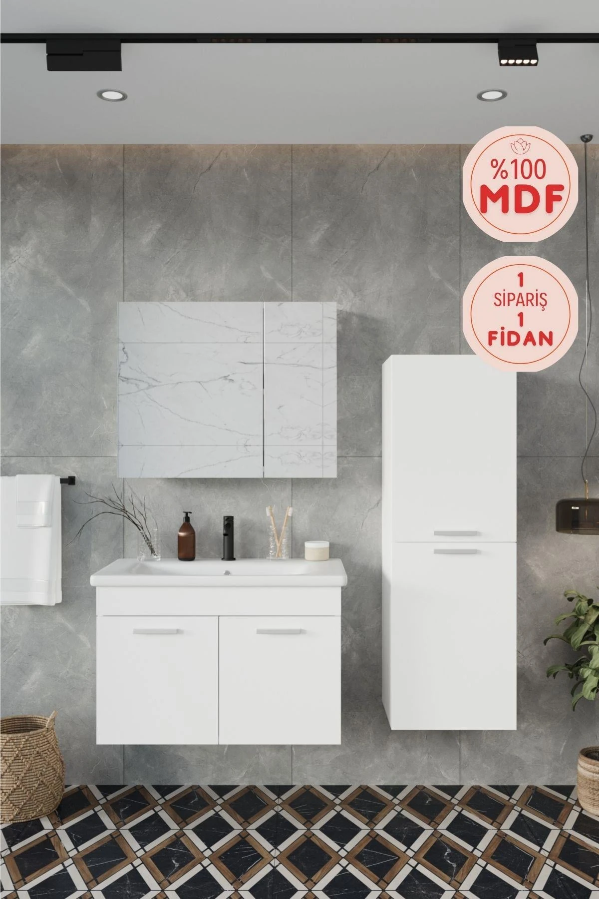 Defne Banyo Dolabı, Aynalı Üst Dolap, Lavabo ve Boy Dolabı