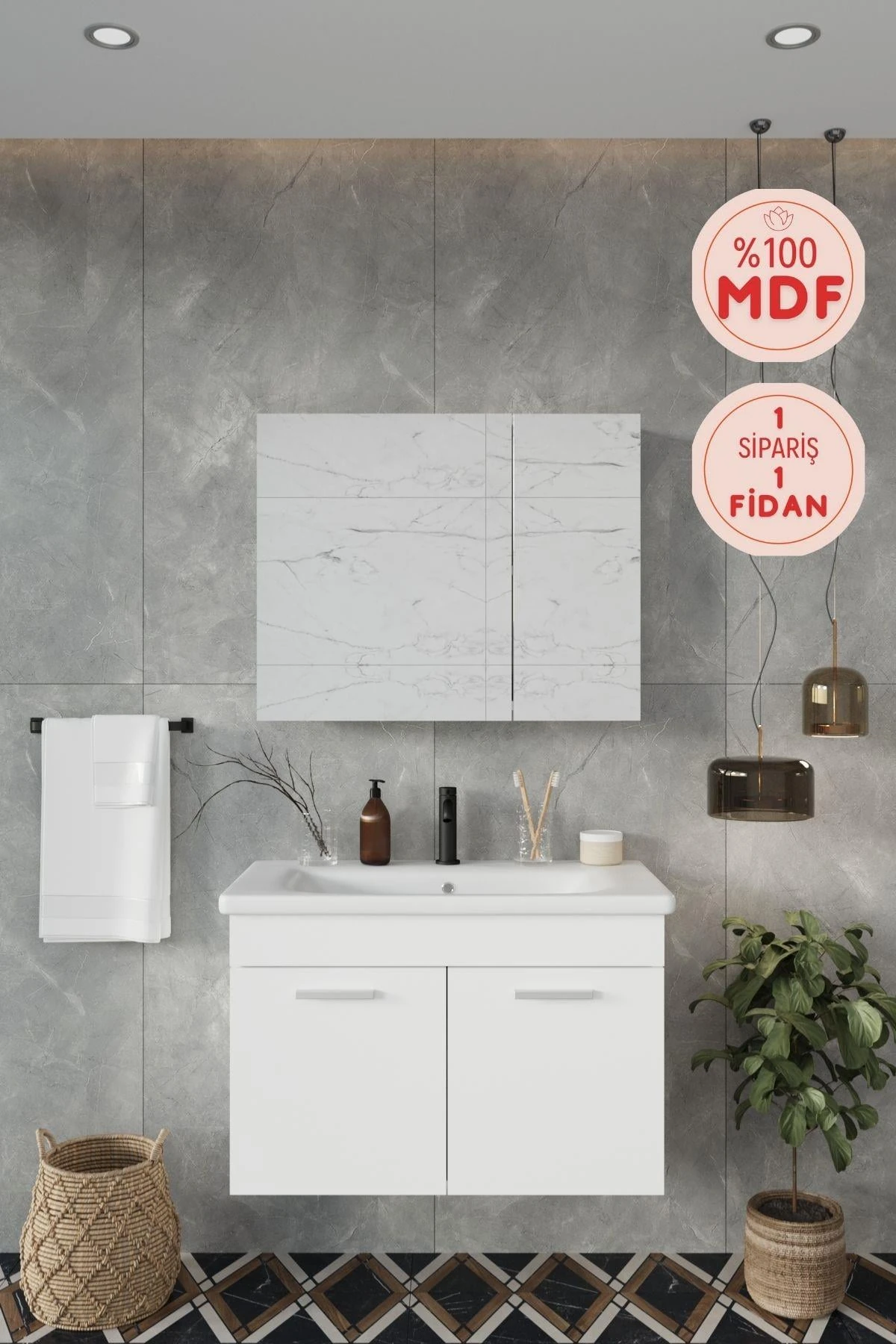 Defne Banyo Dolabı, Aynalı Üst Dolap ve Lavabo