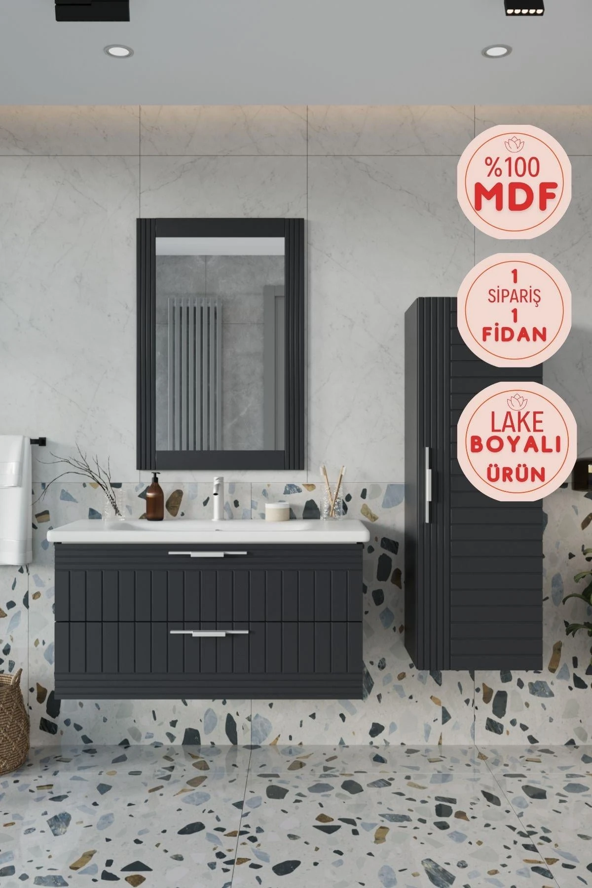 Erguvan Antrasit Banyo Dolabı, Ayna, Lavabo ve Boy Dolabı