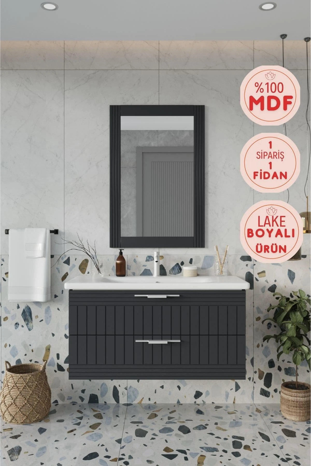 Erguvan Antrasit Banyo Dolabı, Ayna ve Lavabo