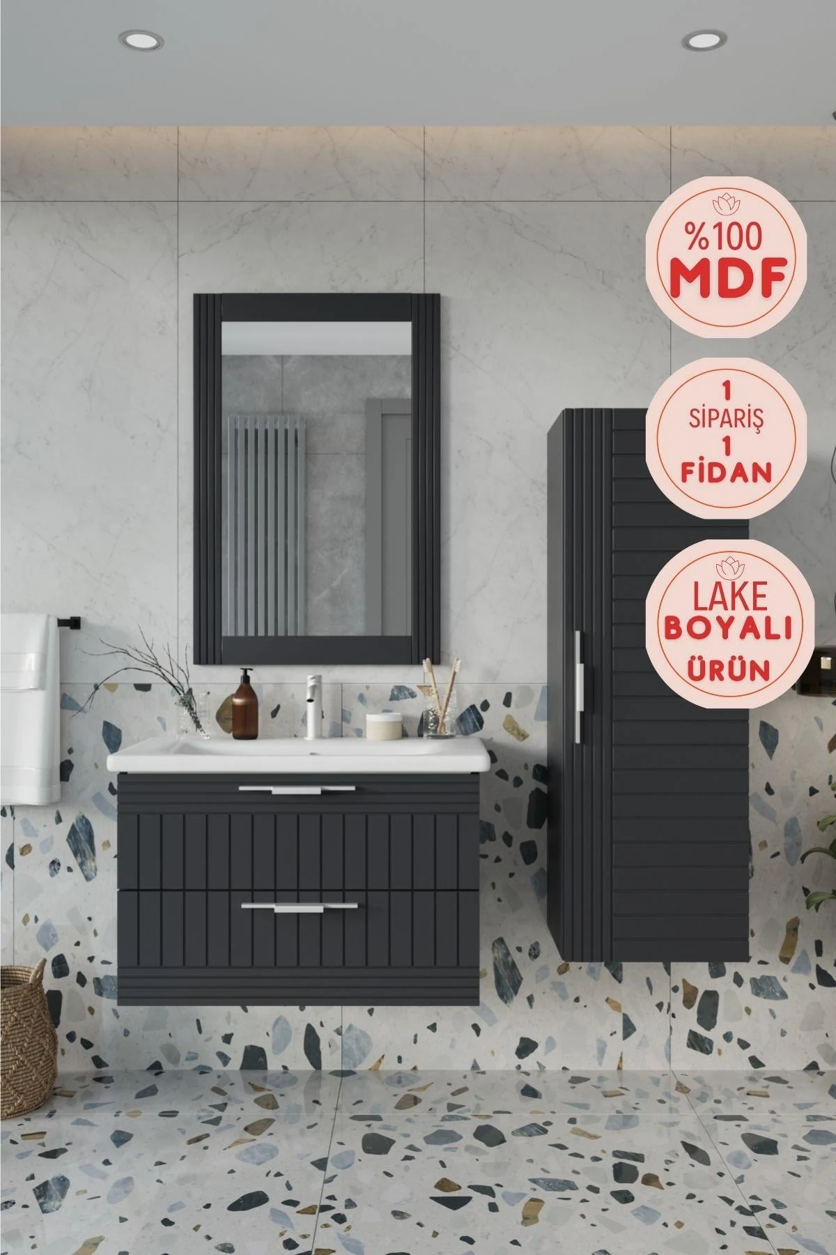Erguvan Antrasit Banyo Dolabı, Aynalı Üst Dolap ve Boy Dolabı