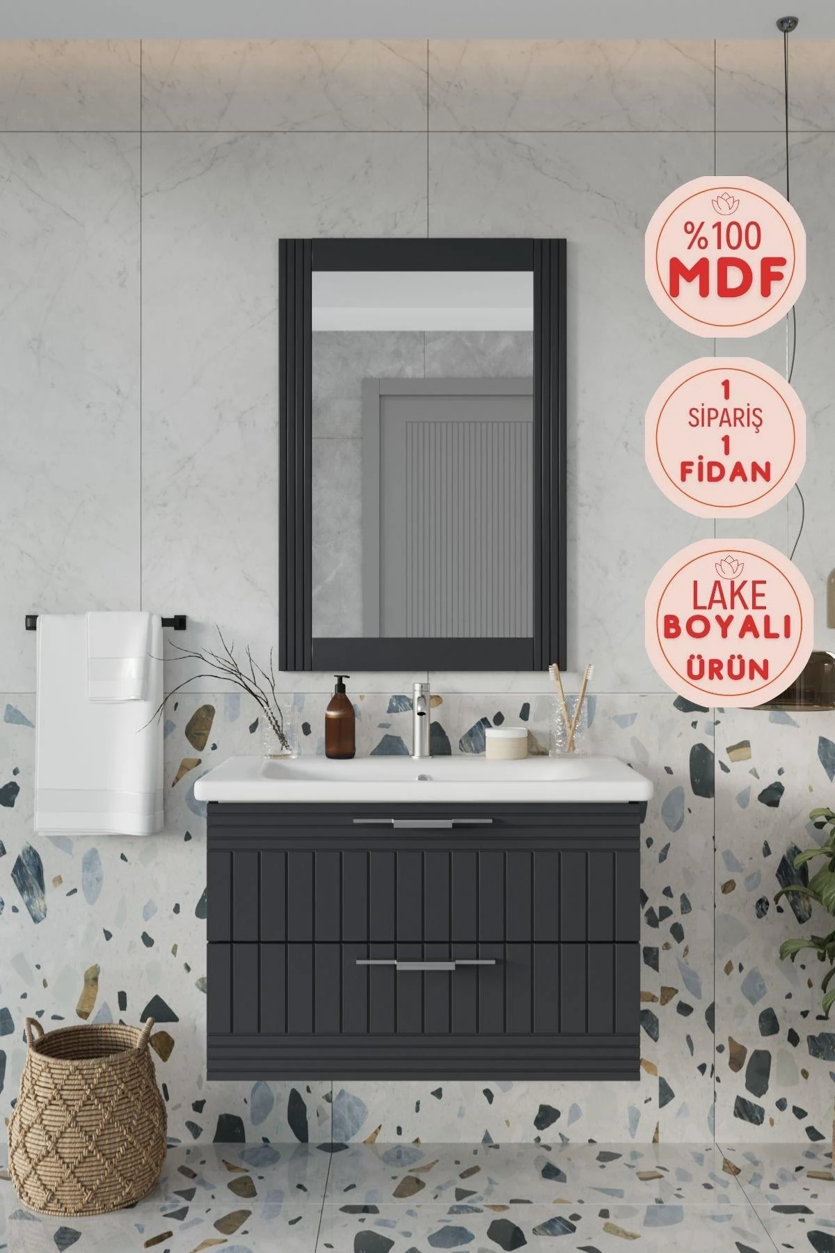 Erguvan Antrasit Lavabolu Banyo Dolabı + Aynalı Üst Dolap