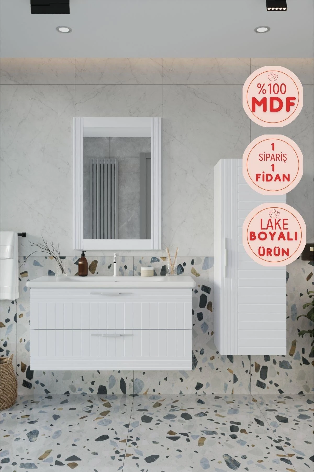Erguvan Beyaz Banyo Dolabı, Ayna, Lavabo ve Boy Dolabı
