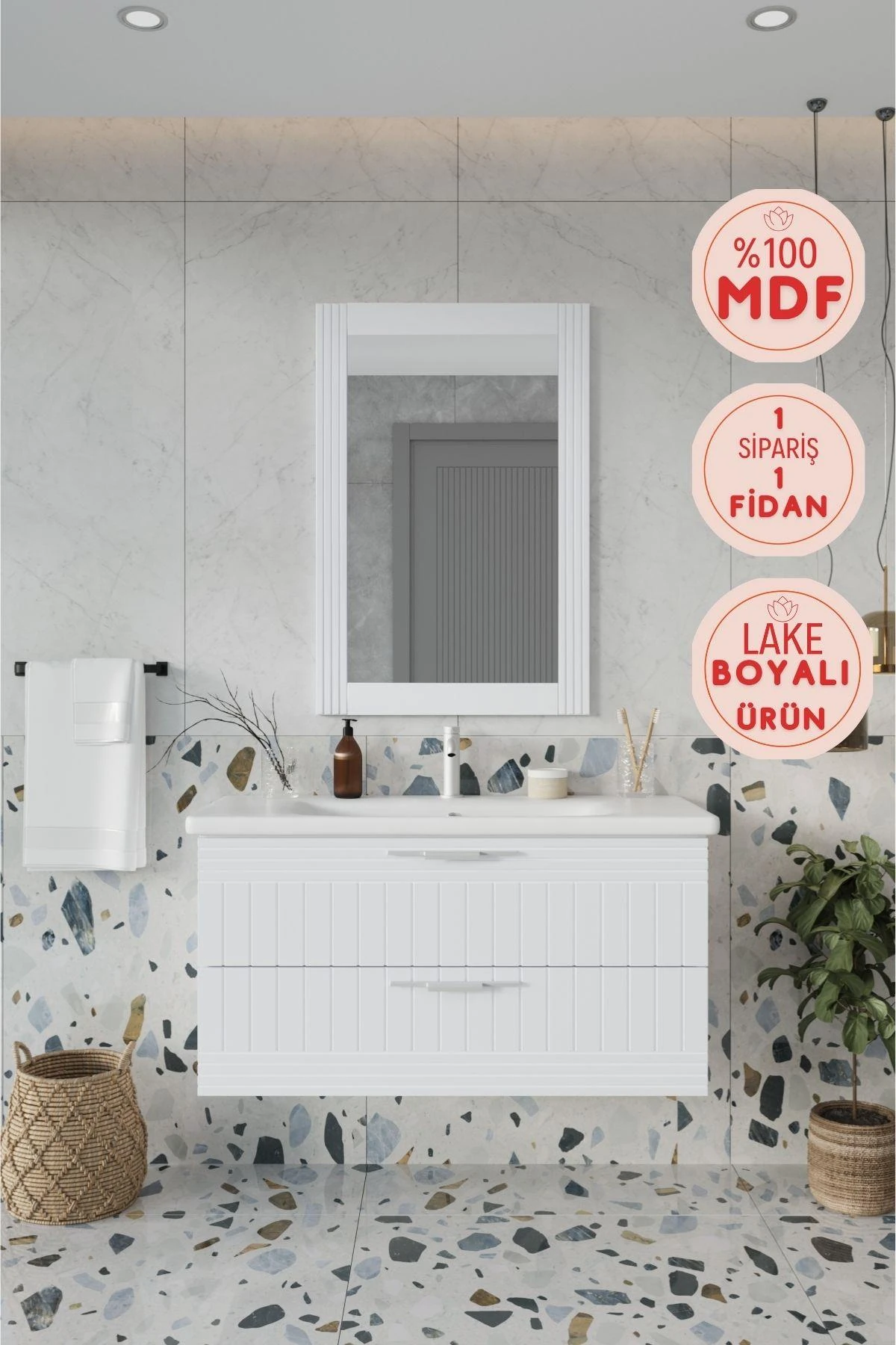 Erguvan Beyaz Banyo Dolabı, Ayna ve Lavabo