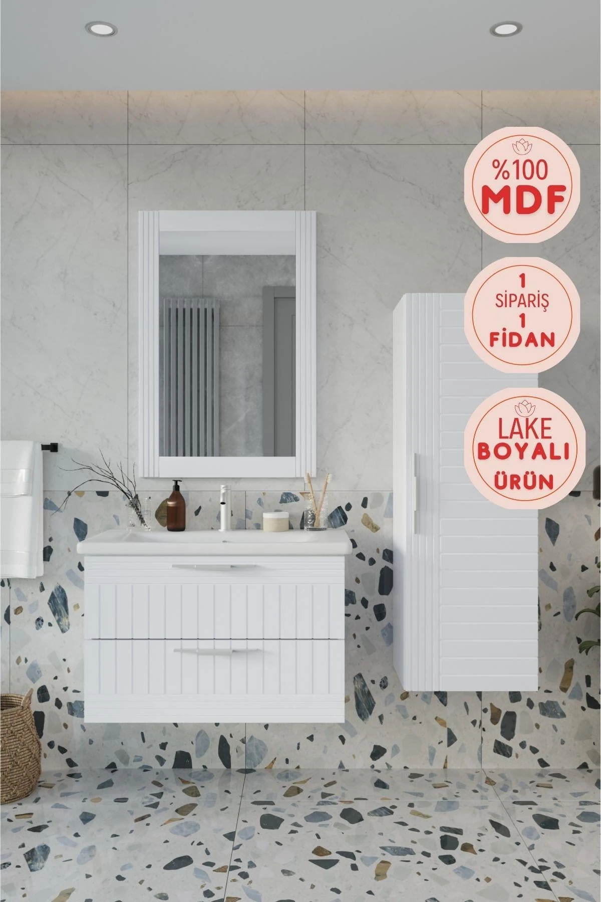Erguvan Beyaz Banyo Dolabı, Ayna, Lavabo ve Boy Dolabı