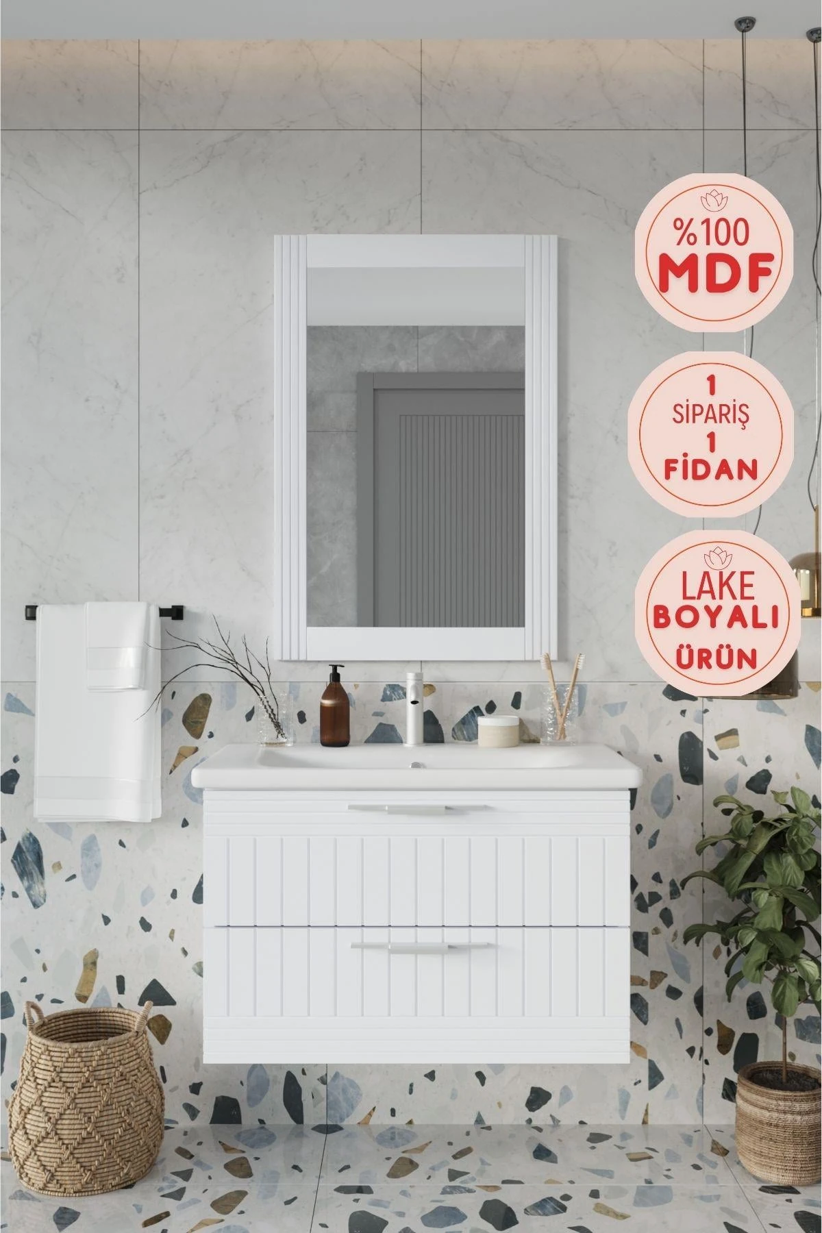 Erguvan Beyaz Lavabolu Banyo Dolabı + Aynalı Üst Dolap