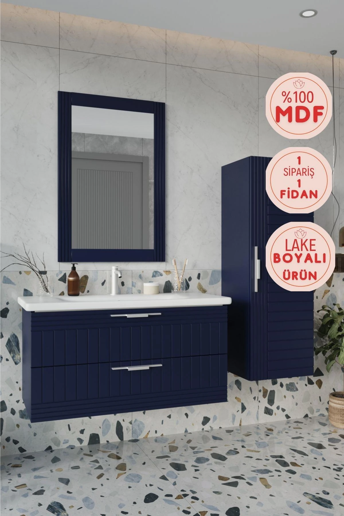Erguvan Lacivert Banyo Dolabı, Ayna, Lavabo ve Boy Dolabı
