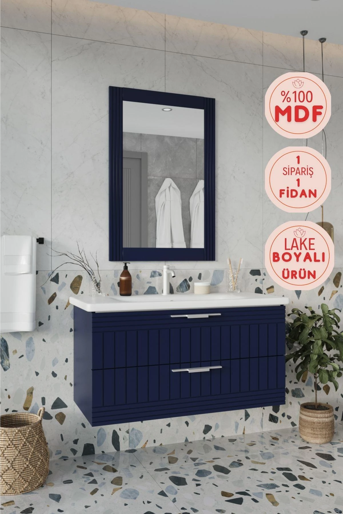 Erguvan Lacivert Banyo Dolabı, Ayna ve Lavabo
