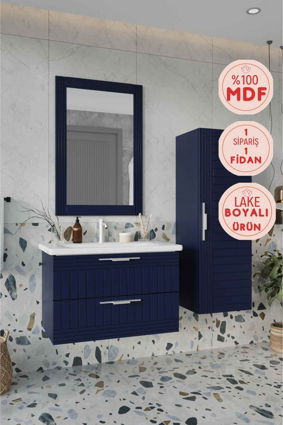 Erguvan Lacivert Banyo Dolabı, Ayna, Lavabo ve Boy Dolabı