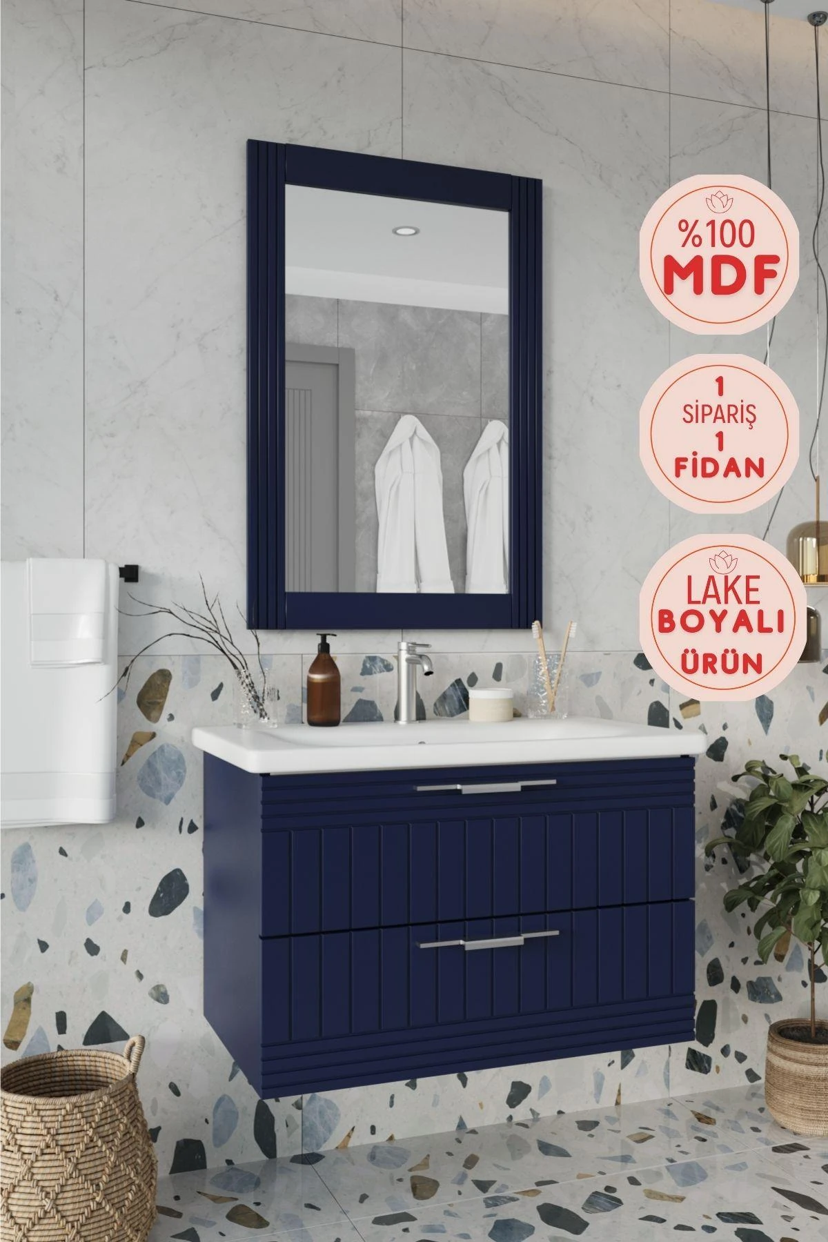 Erguvan Lacivert Lavabolu Banyo Dolabı + Aynalı Üst Dolap