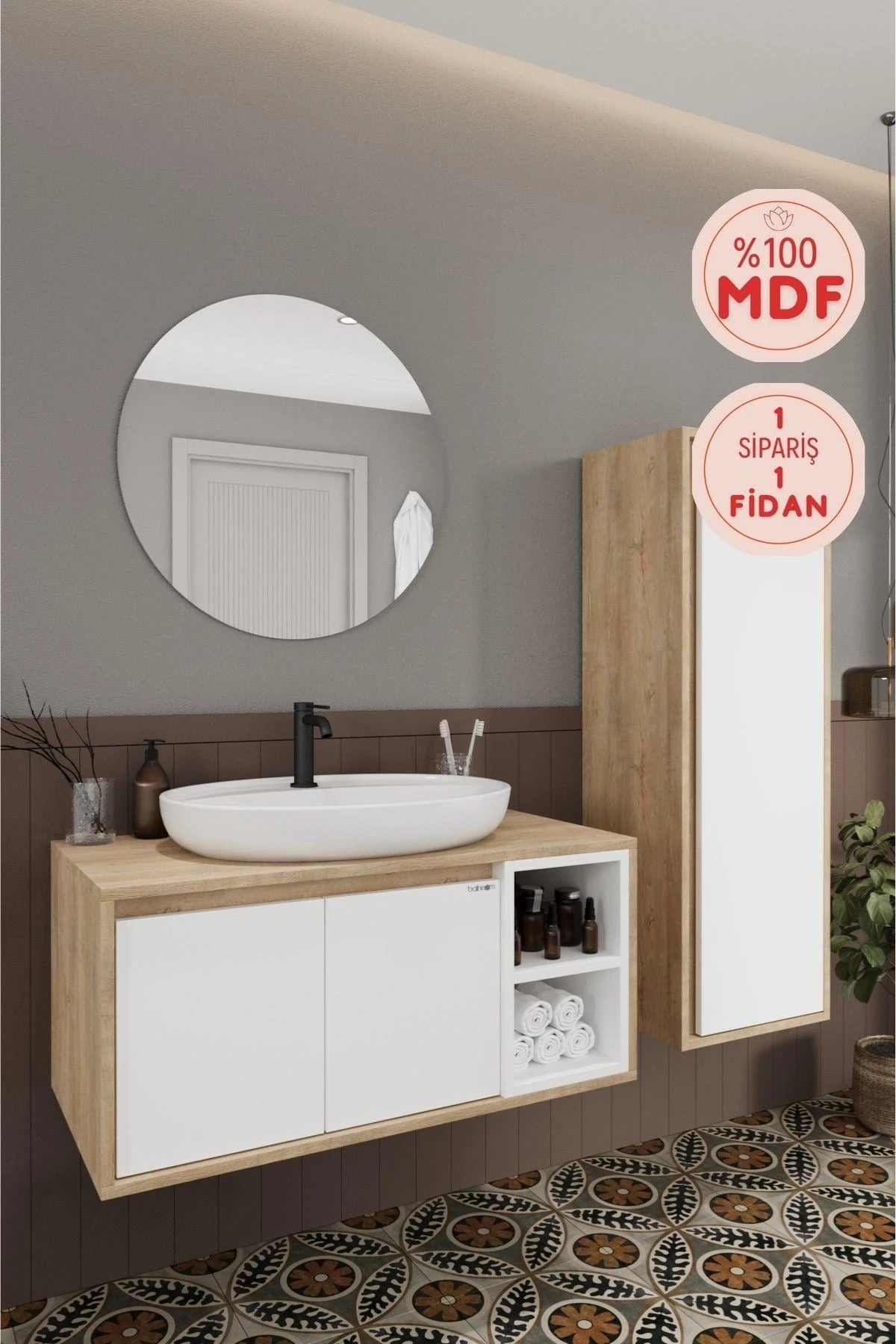Gül Beyaz Banyo Dolabı, Ayna, Lavabo ve Boy Dolabı