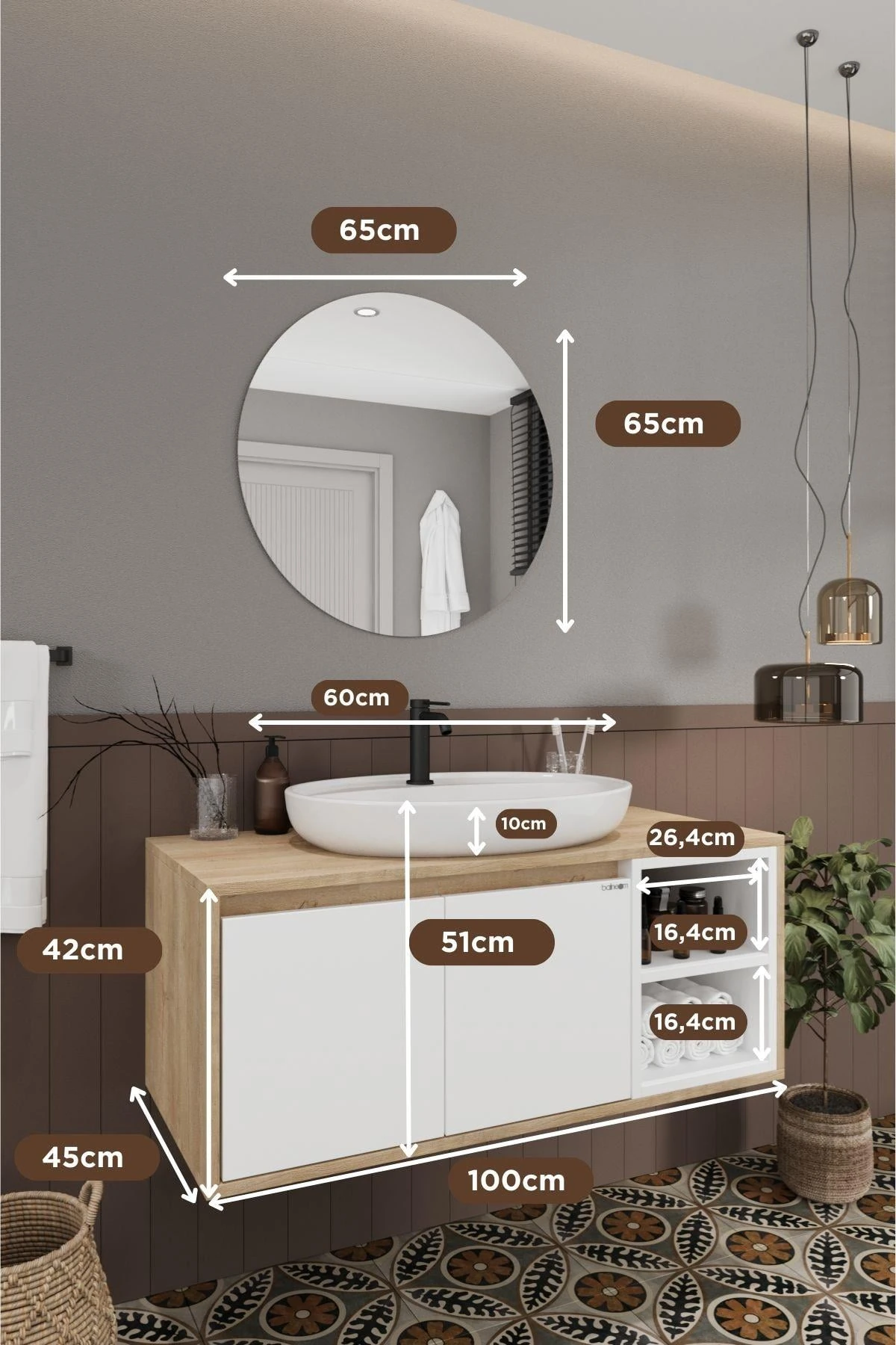 Gül Beyaz Banyo Dolabı, Ayna ve Lavabo