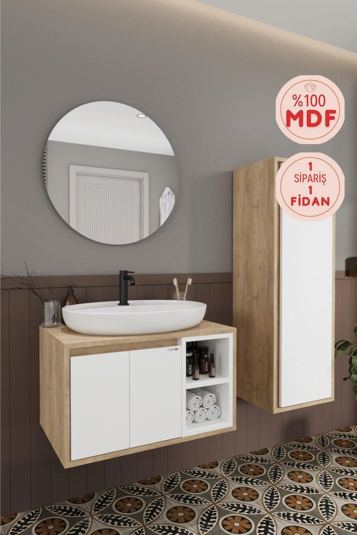 Gül Beyaz Banyo Dolabı, Ayna, Lavabo ve Boy Dolabı