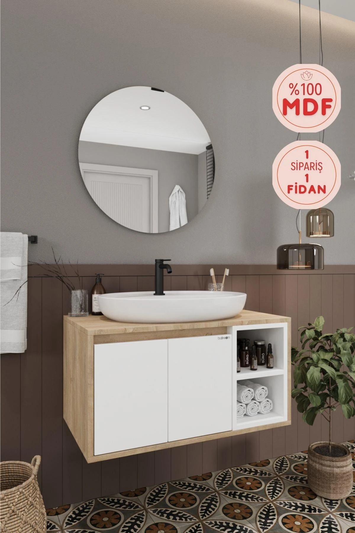 Gül Beyaz Banyo Dolabı, Ayna ve Lavabo