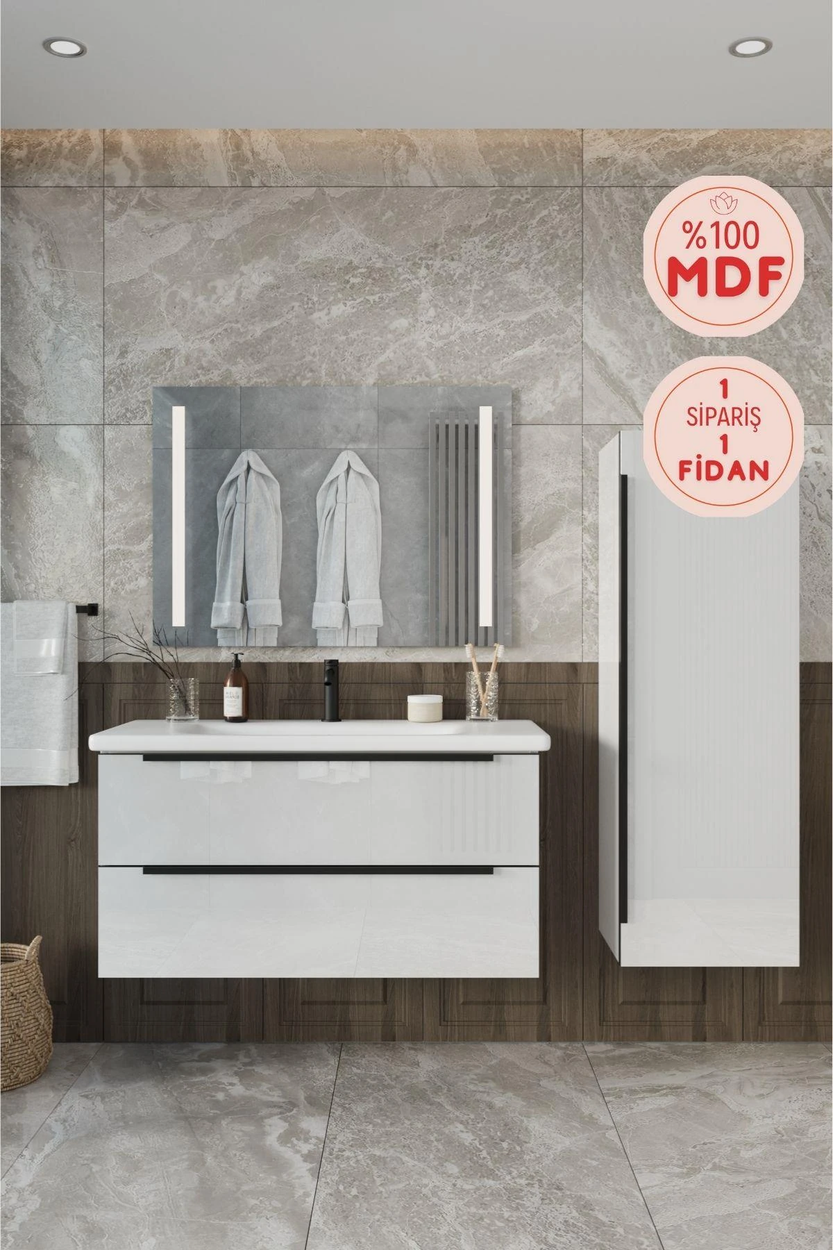 Kadife Beyaz Parlak Banyo Dolabı, Ledli Aynalı Üst Dolap ve Boy Dolabı