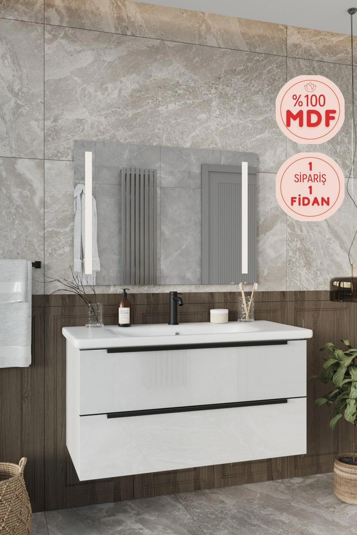 Kadife Beyaz Parlak Banyo Dolabı, Led Işıklı Aynalı Üst Dolap