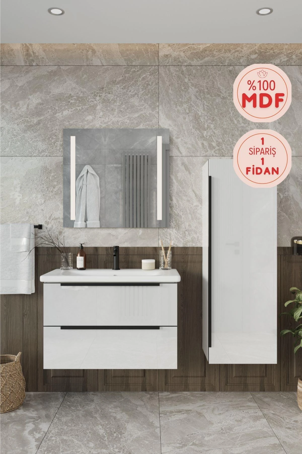 Kadife Beyaz Parlak Banyo Dolabı, Ledli Aynalı Üst Dolap ve Boy Dolabı