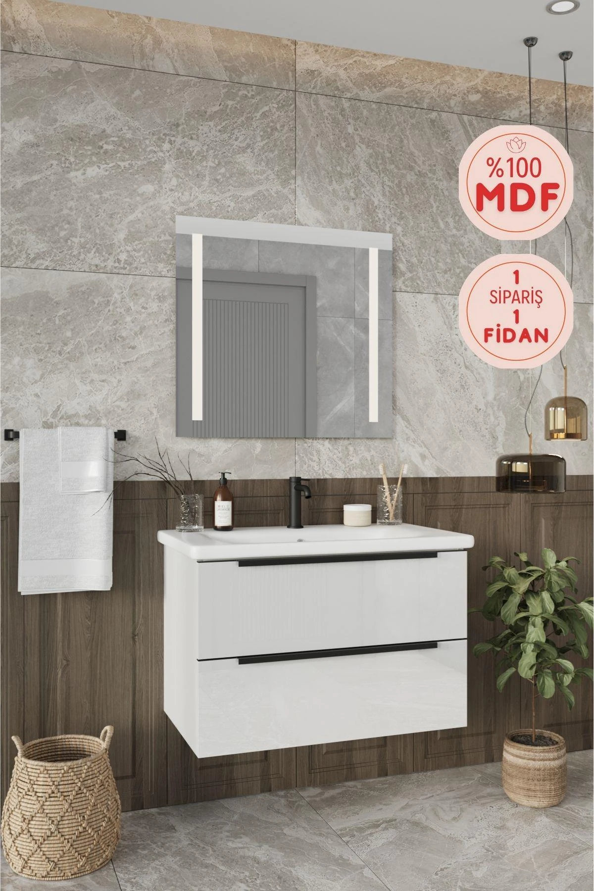 Kadife Beyaz Parlak Banyo Dolabı, Led Işıklı Aynalı Üst Dolap
