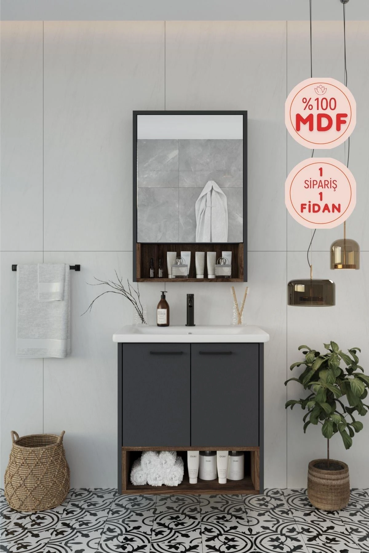 Karanfil Antrasit Lavabolu Banyo Dolabı + Aynalı Üst Dolap