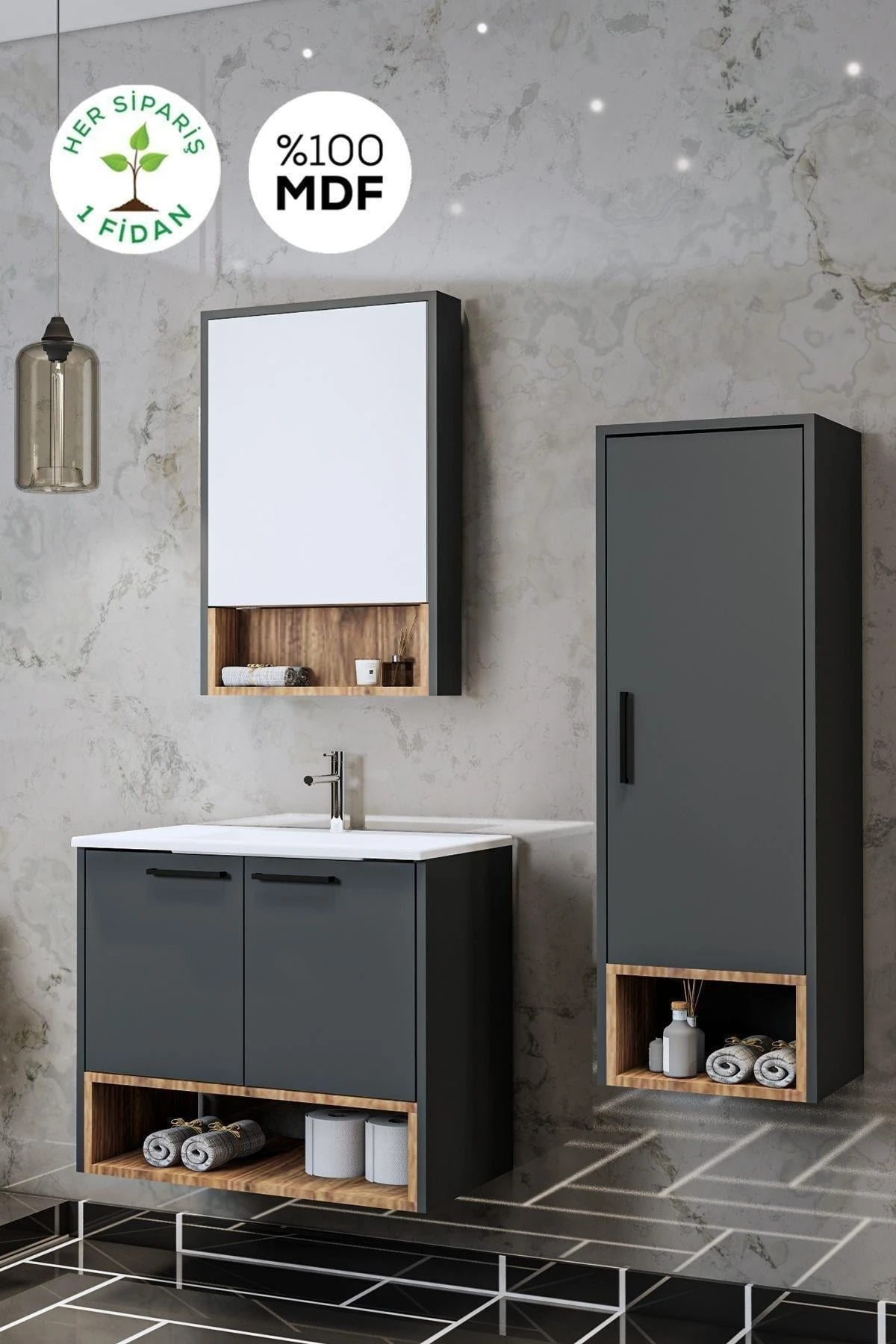 Karanfil Antrasit Banyo Dolabı, Aynalı Üst Dolap ve Boy Dolabı