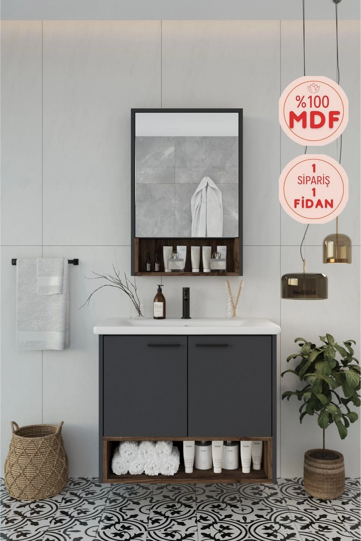 Karanfil Antrasit Lavabolu Banyo Dolabı + Aynalı Üst Dolap
