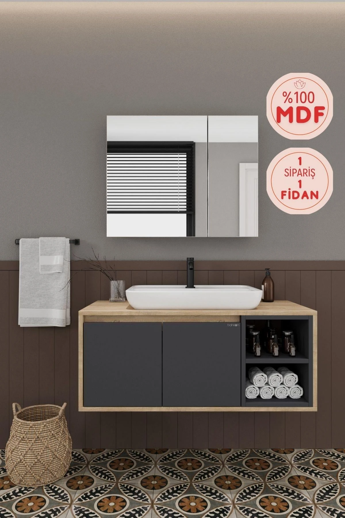 Lale Lavabolu Banyo Dolabı + Aynalı Dolap
