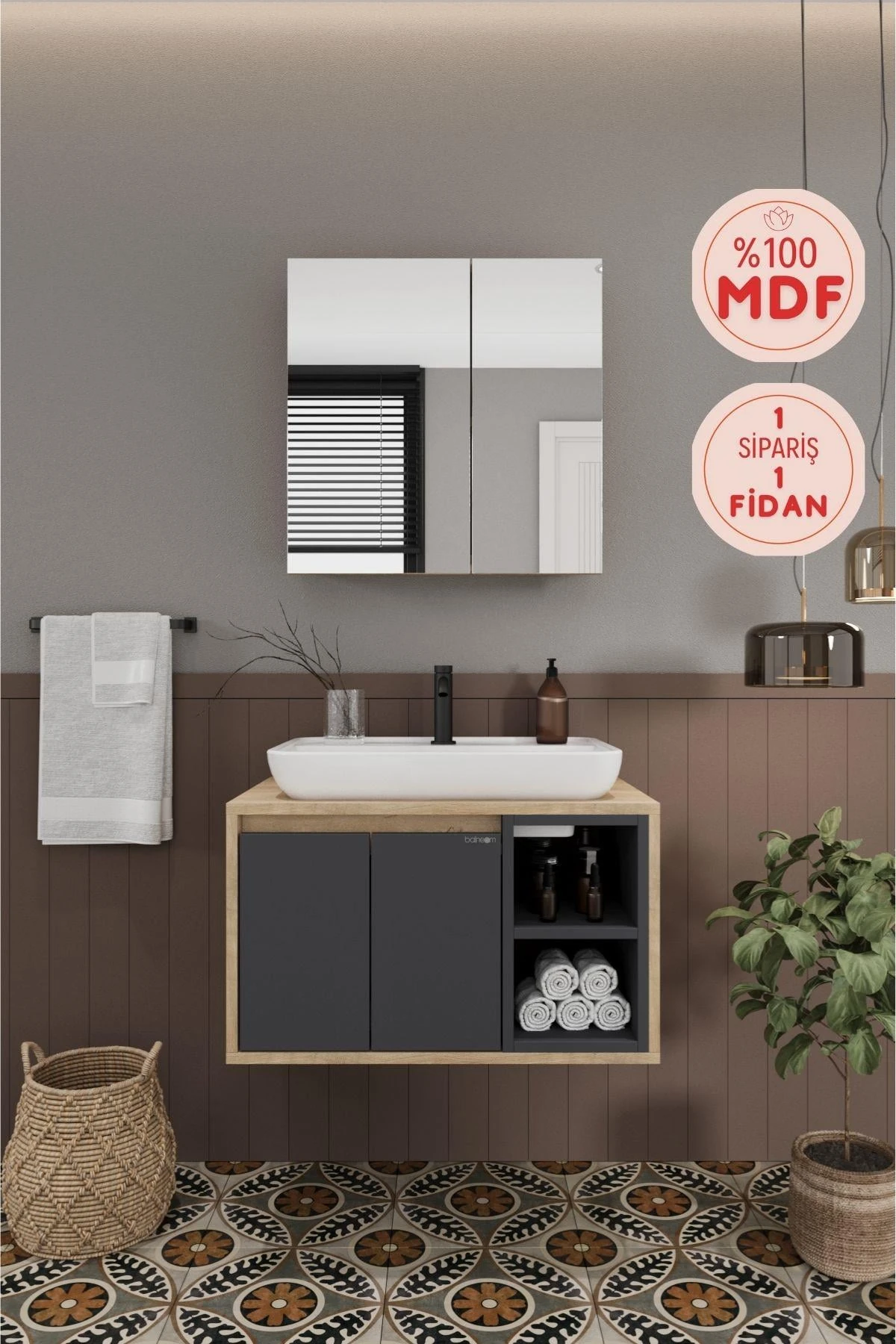 Lale Lavabolu Banyo Dolabı + Aynalı Dolap