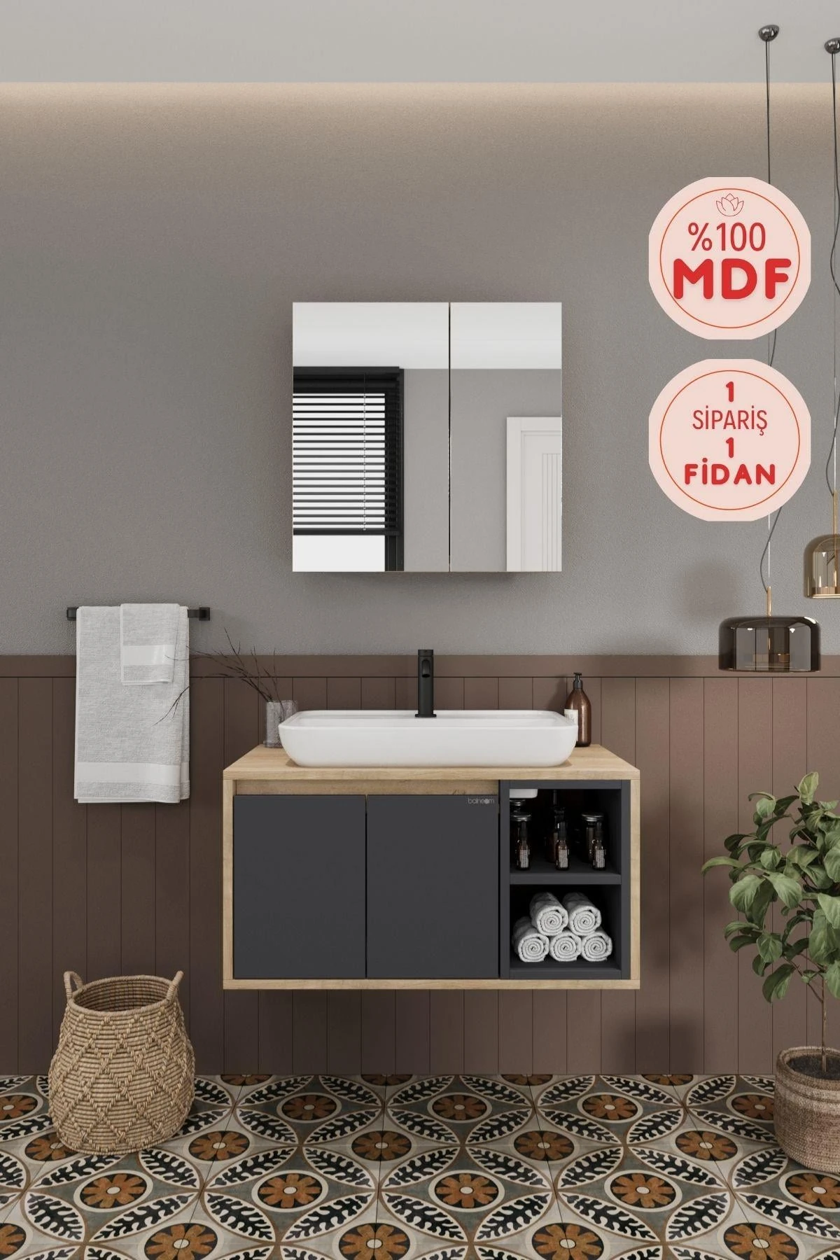 Lale Lavabolu Banyo Dolabı + Aynalı Dolap
