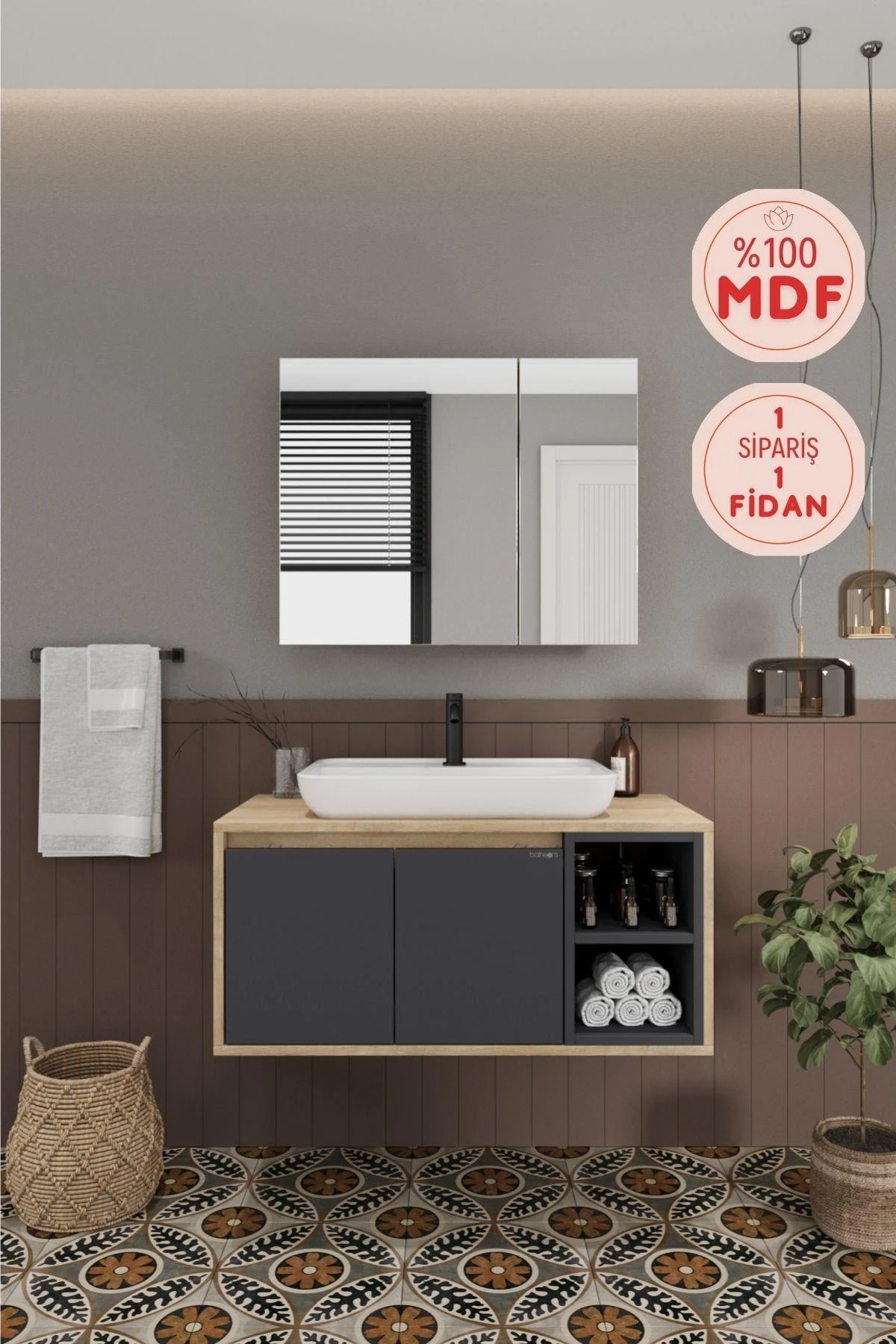 Lale Lavabolu Banyo Dolabı + Aynalı Dolap