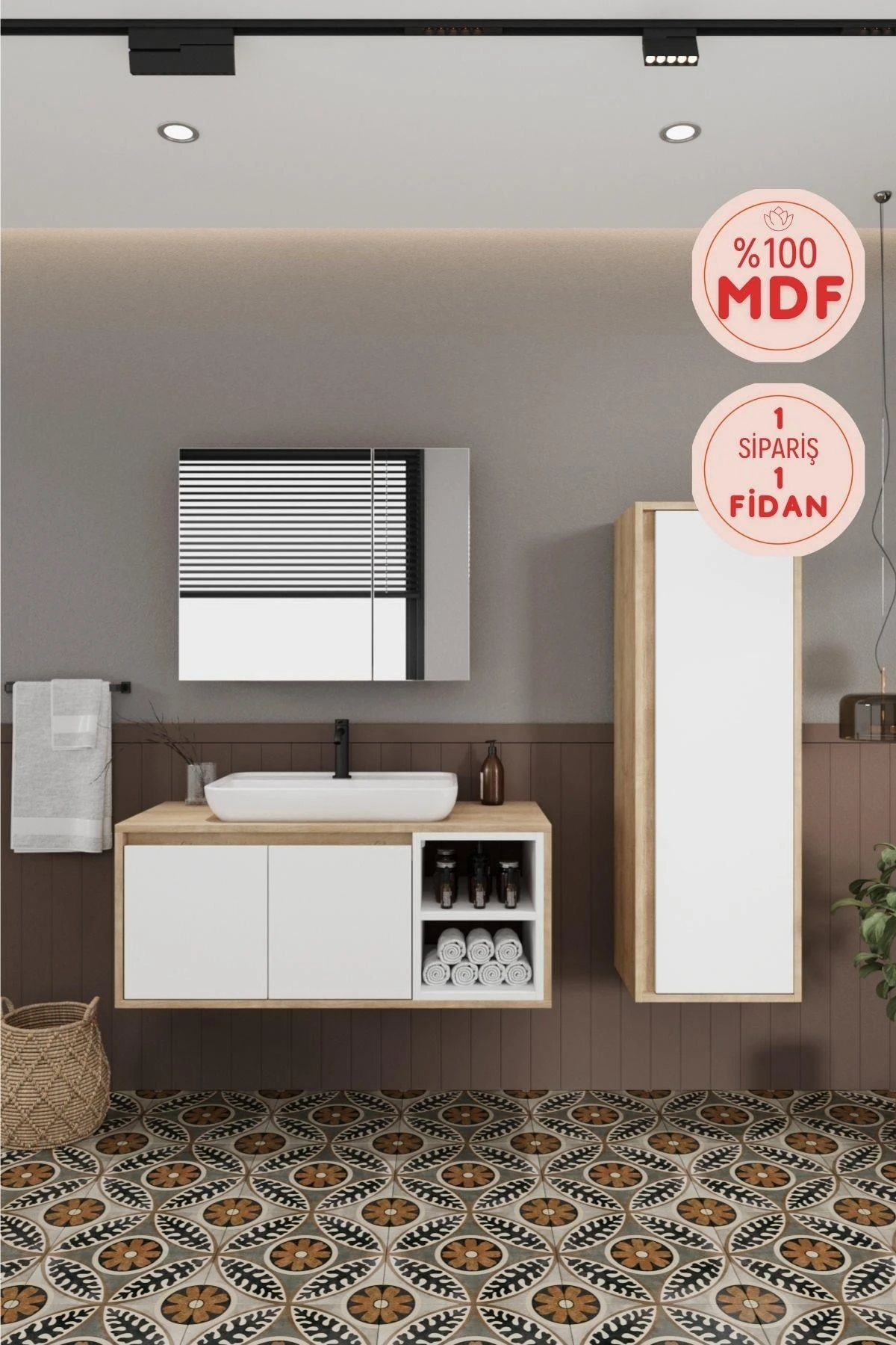 Lale Beyaz Lavabolu Banyo Dolabı + Aynalı Dolap + Boy Dolabı