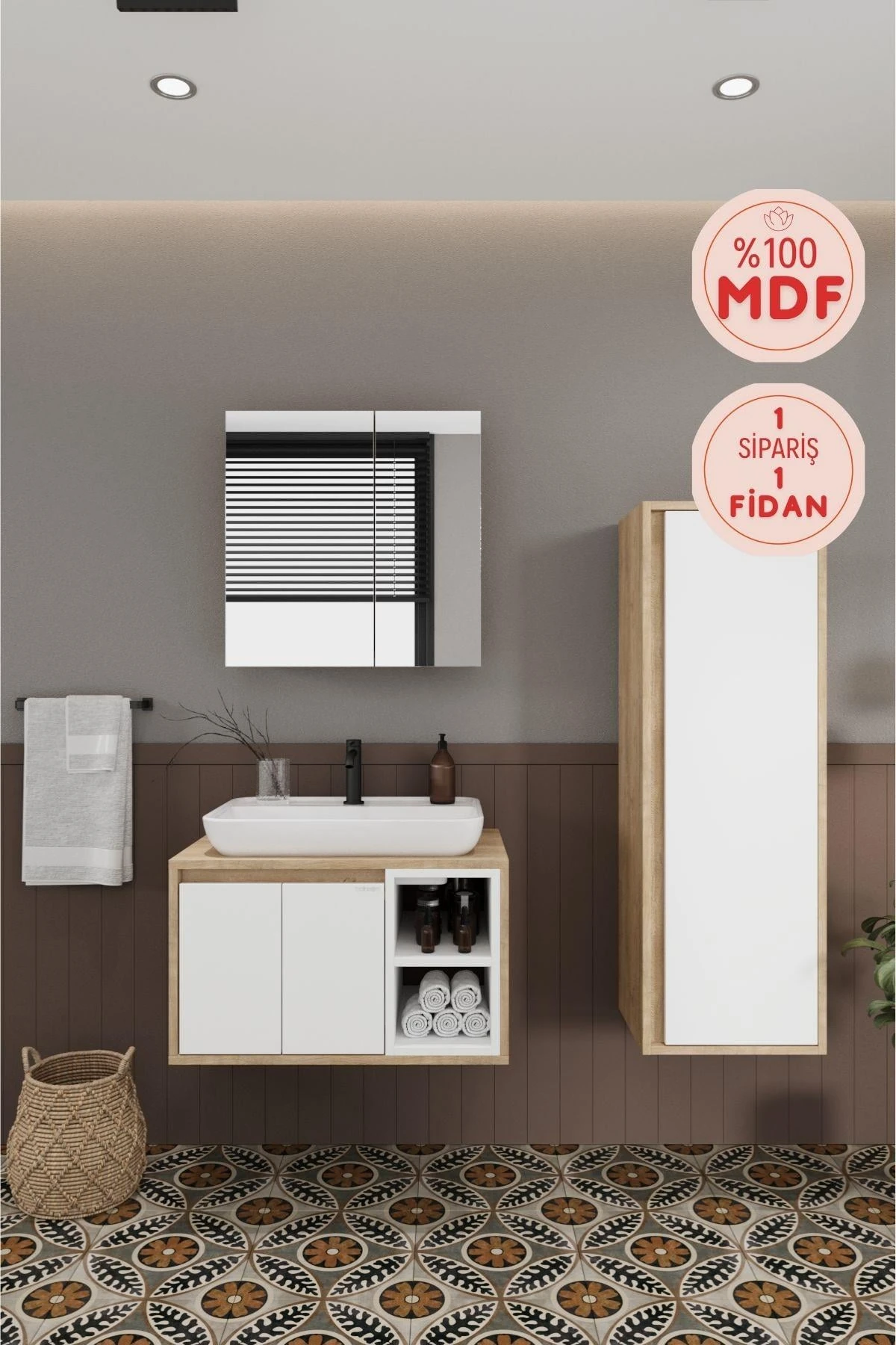 Lale Beyaz Lavabolu Banyo Dolabı + Aynalı Dolap + Boy Dolabı