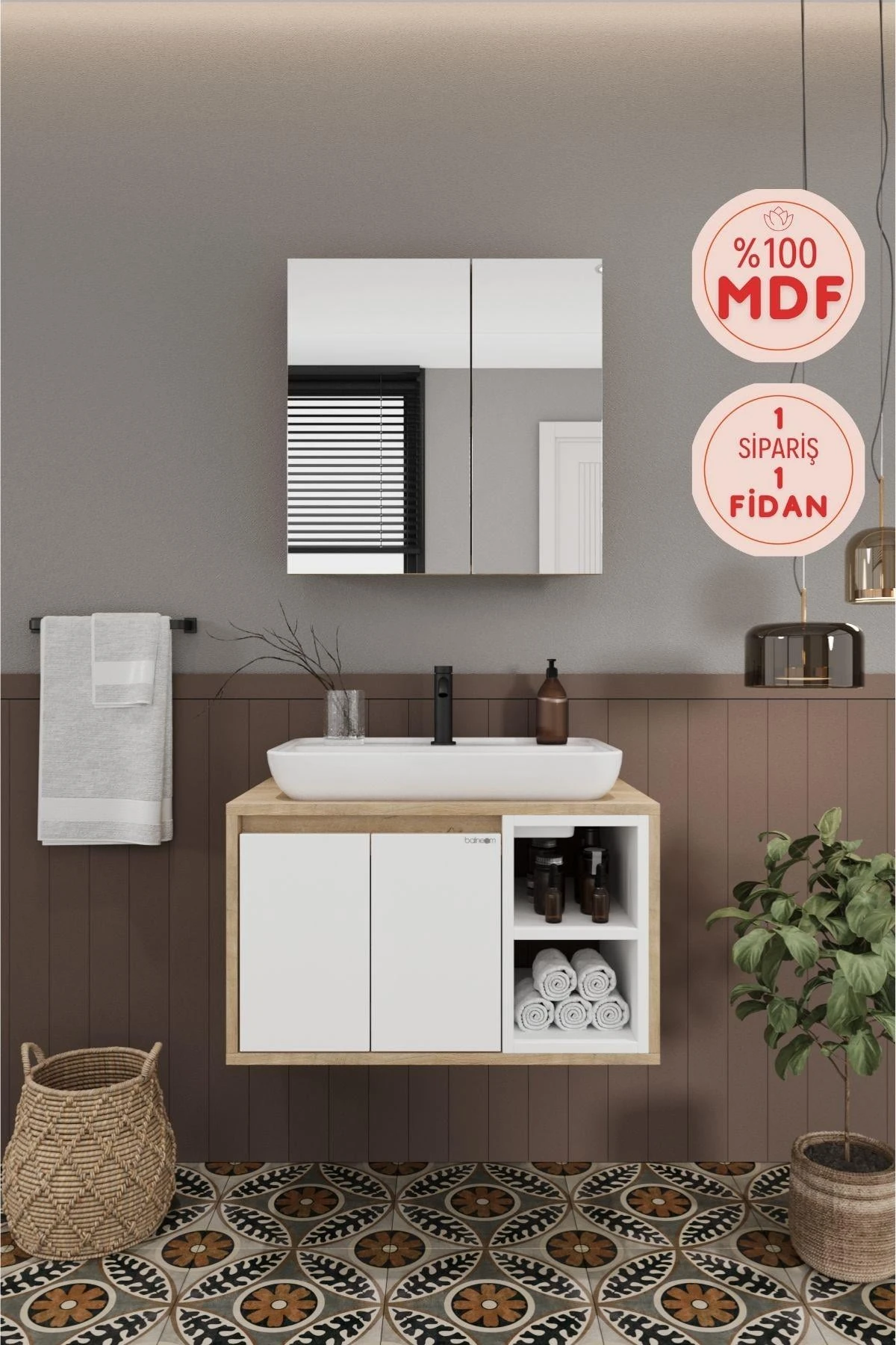 Lale Beyaz Lavabolu Banyo Dolabı + Aynalı Dolap