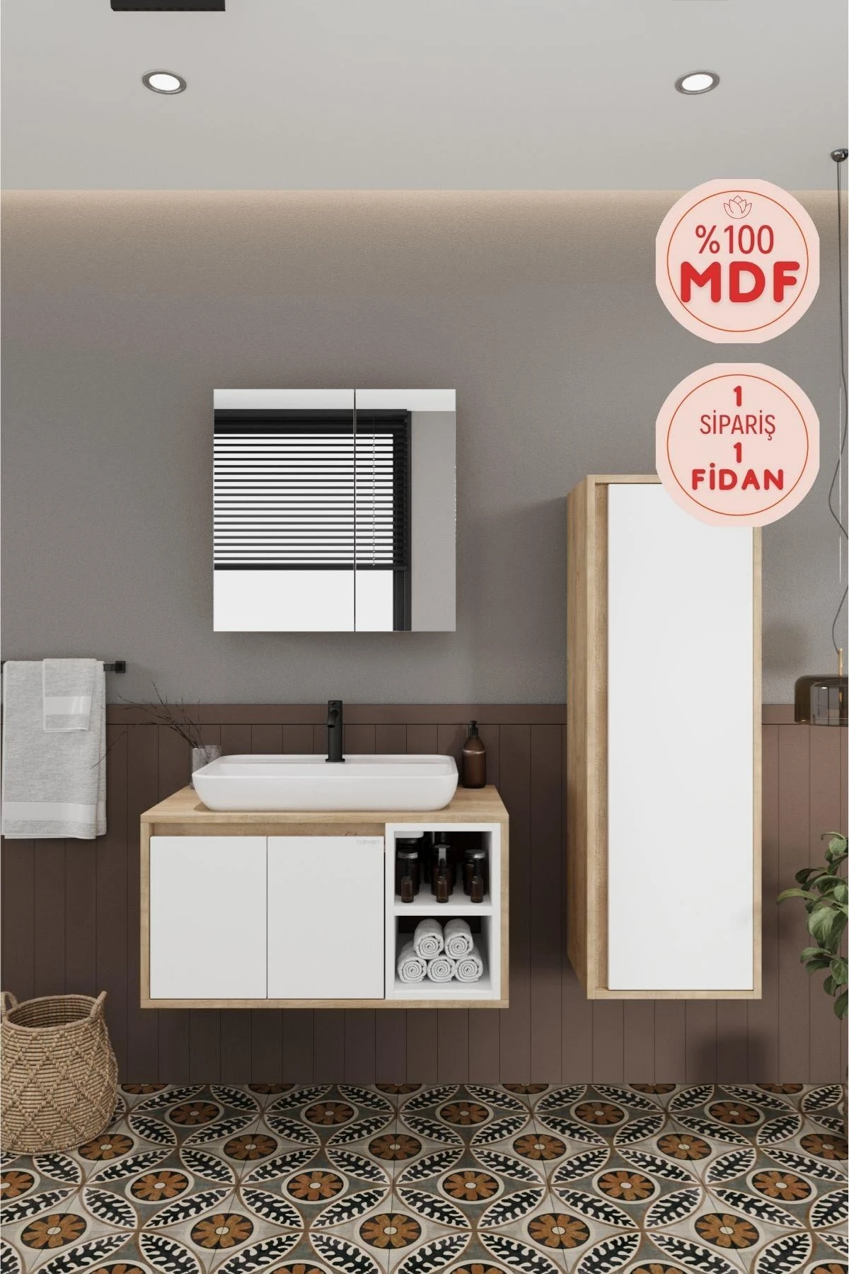 Lale Beyaz Lavabolu Banyo Dolabı + Aynalı Dolap + Boy Dolabı