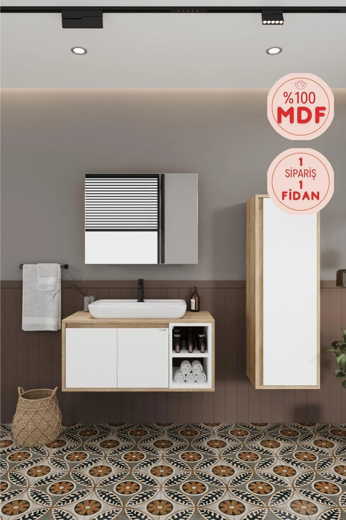 Lale Beyaz Lavabolu Banyo Dolabı + Boy Dolabı