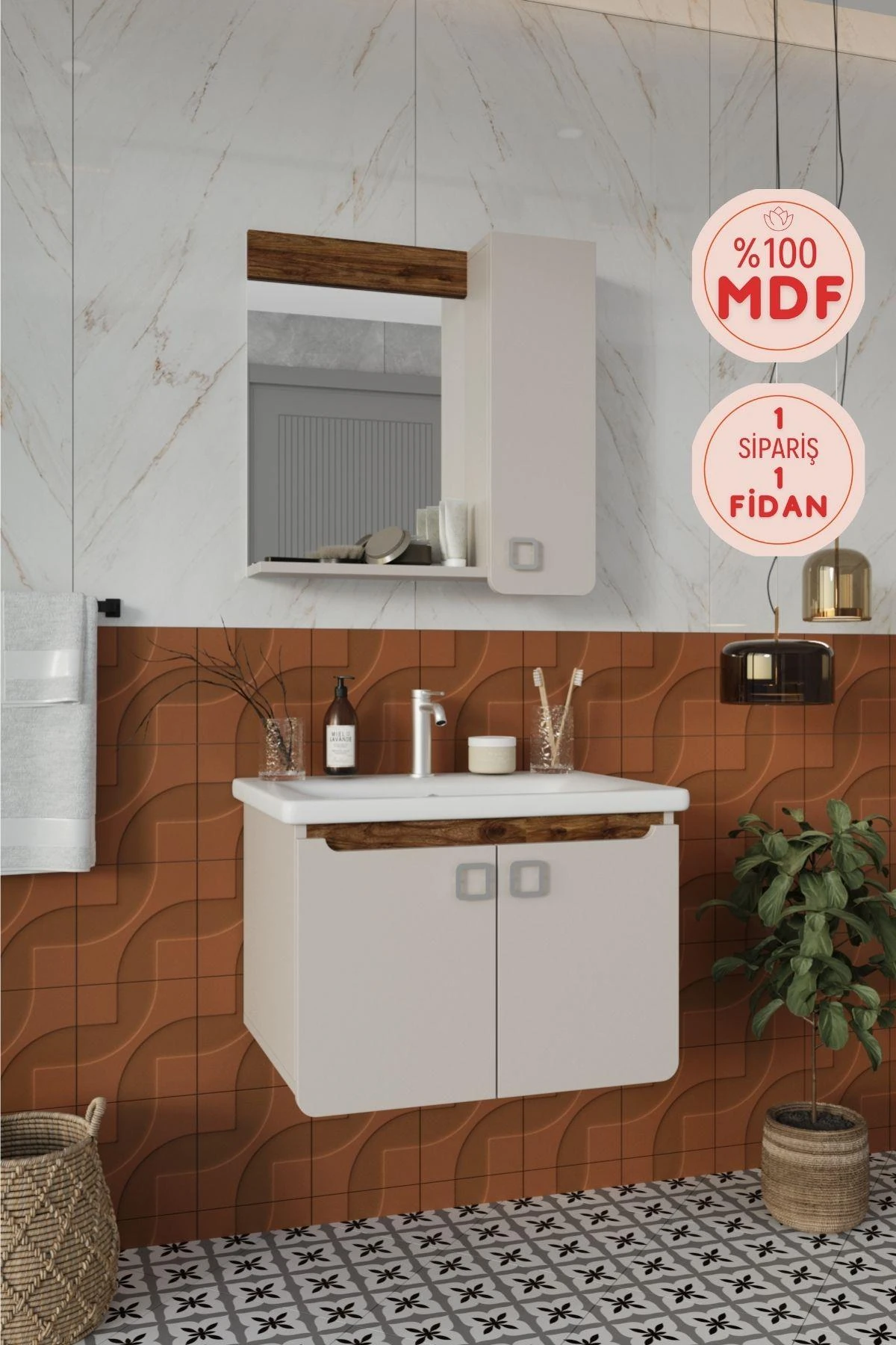 Selvi Banyo Dolabı, Aynalı Üst Dolap ve Lavabo