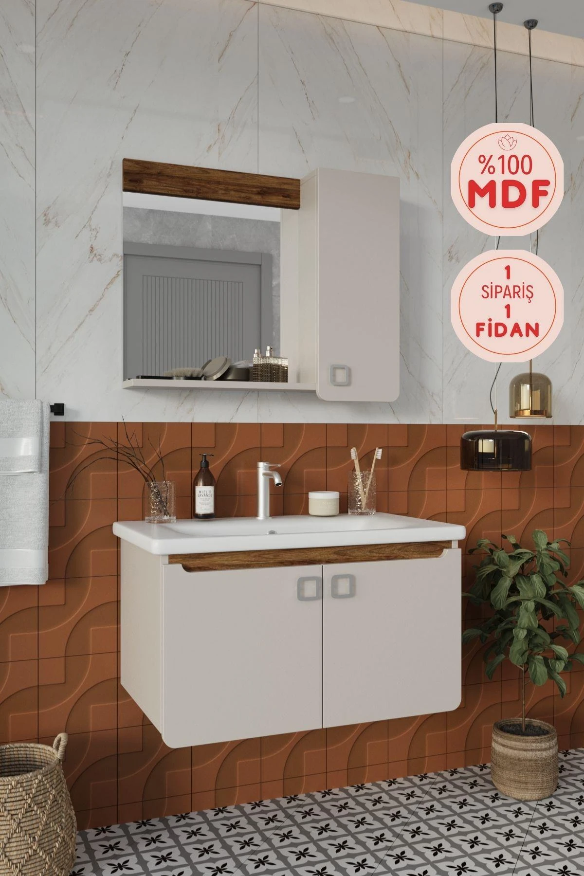 Selvi Banyo Dolabı, Aynalı Üst Dolap ve Lavabo